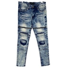 Encrypted Jeans Men 32x32 Moto Zippers Distress Acid Wash Skinny Stretch Retro